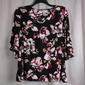 Catherines Black and Pink Floral Bell Sleeve Blouse
